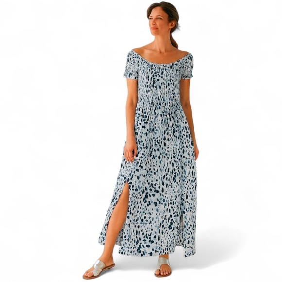 NWT Soft Surroundings Marcelo Blue Leopard Print Smocked Maxi Dress Size Medium - Picture 2 of 7